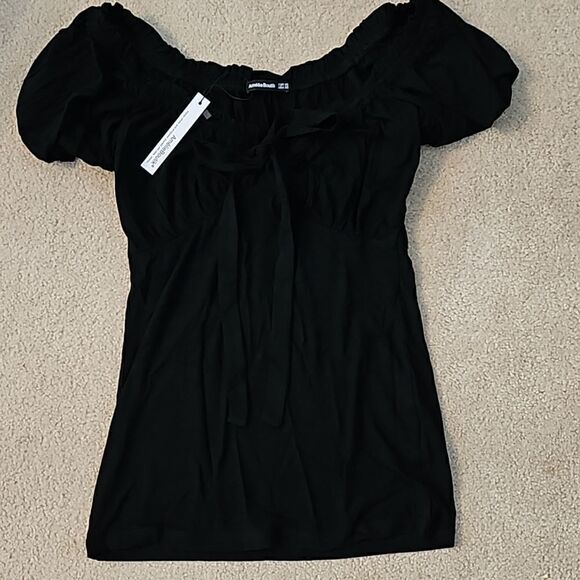 AmélieBoutik Women Ruffle Trim Tie Notch Neck Raglan Puff Short Sleeve Top XS/M - Picture 6 of 11
